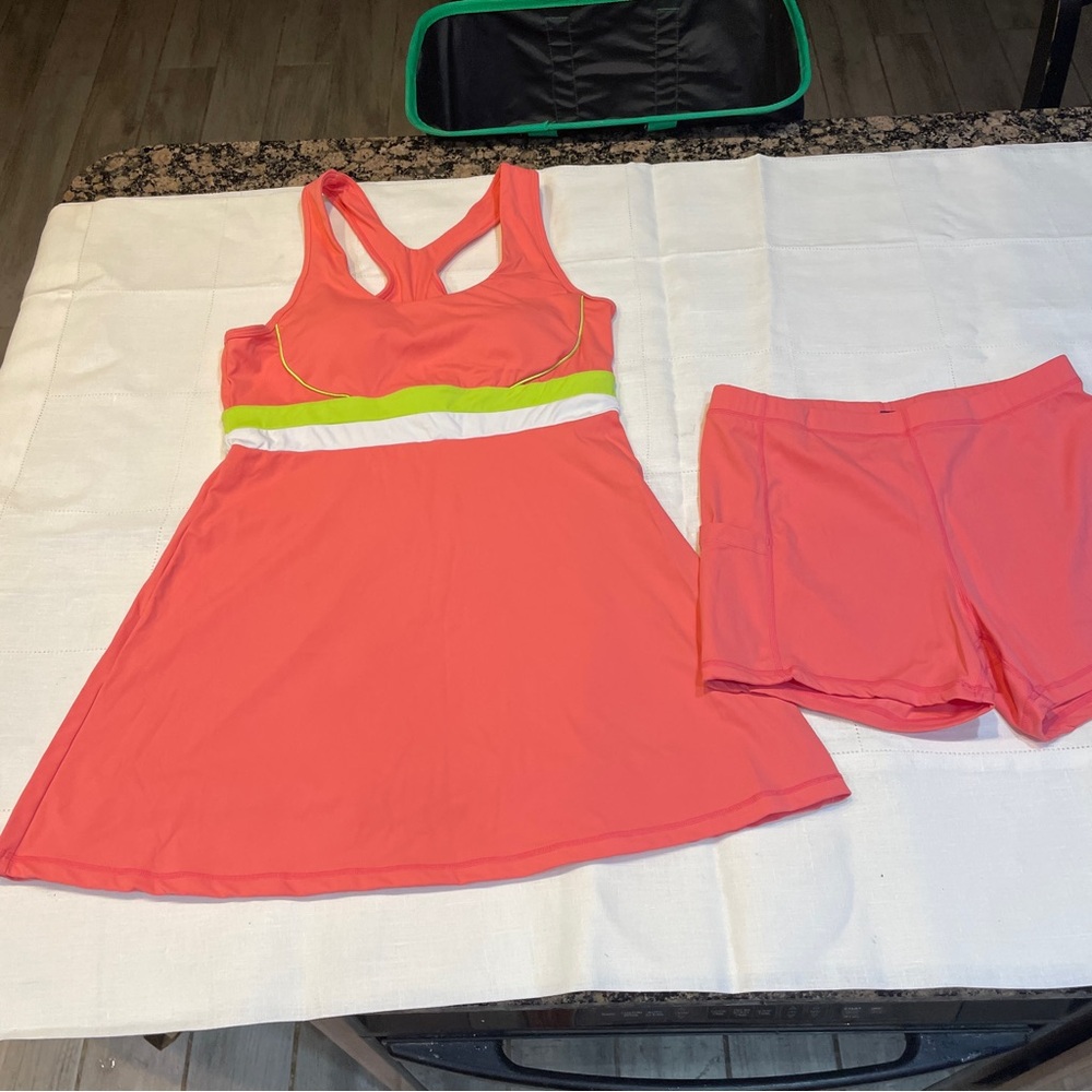 SHEIN Vibrant Coral & Lime Activewear Tennis Dress & Matching Shorts NEW L